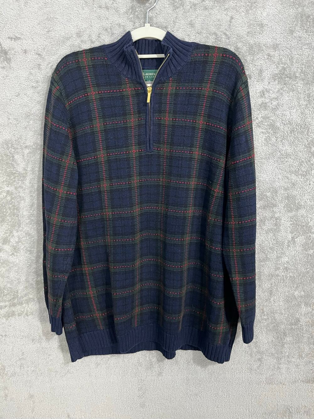 VTG Lauren Ralph Lauren Quarter Zip Sweater XL Blue Plaid Hearts Cabin Core Fall